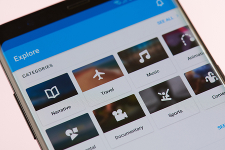 New york, USA - september 21, 2018: Vimeo video service menu on smartphone screen background close up viewのeditorial素材