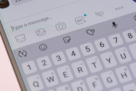 New york, USA - september 21, 2018: Texting in Viber messsanger on smartphone screen background close up viewのeditorial素材