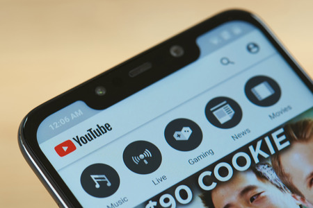 New york, USA - september 24, 2018: Youtube video service menu  on smartphone screen close upのeditorial素材