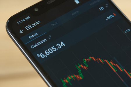 New york, USA - september 24, 2018: Bitcoin price chart on smartphone screen close upのeditorial素材
