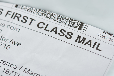 New york, USA - october 1, 2018: USPS tracking number on First class mailのeditorial素材
