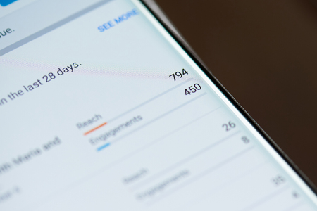 New york, USA - october 4, 2018: Statistics for facebook post on smartphone screen close up viewのeditorial素材