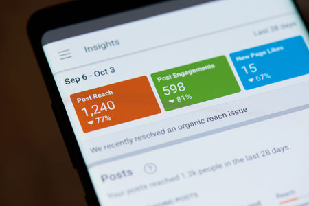 New york, USA - october 4, 2018: Insights in facebook page on smartphone screen close up view