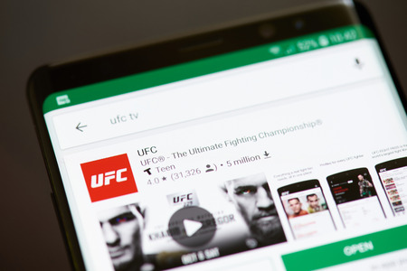 New york, USA - october 8, 2018: Ufc tv app on smartphone screen close up viewのeditorial素材