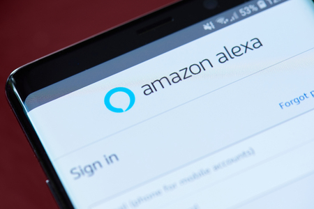 New york, USA - November 1, 2018: Amazon alexa app menu on smartphone screen close up viewのeditorial素材