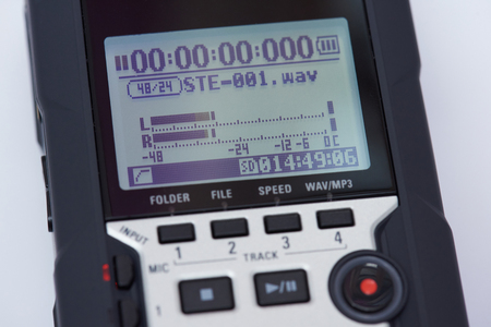 Audiorecorder with screen and buttons isolated on white backgroundの写真素材