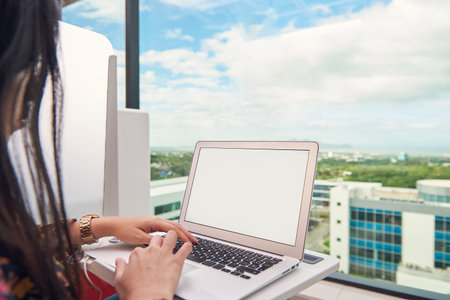 Woman work on laptop in office with panoramic window