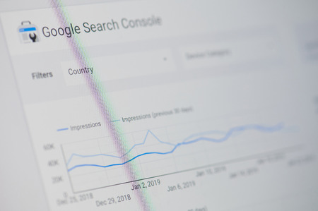 New york, USA - january 24, 2019: Google search console menu on device screen pixelated close up viewのeditorial素材