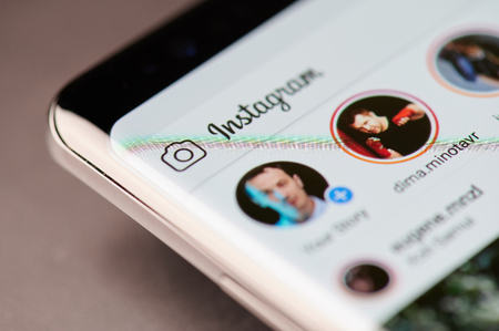 New york, USA - january 24, 2019: Instagram stories  menu on device screen pixelated close up view. Instagram stories themeのeditorial素材