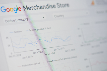 New york, USA - january 24, 2019: Google merchandise store menu on device screen pixelated close up viewのeditorial素材