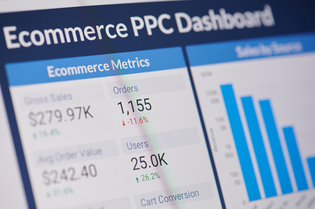 New york, USA - january 24, 2019:Google ecommerce PPC dashboard menu on device screen pixelated close up viewのeditorial素材