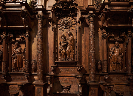 Lima, Peru - April 23, 2017: Wooden statues in Peru church in old altarのeditorial素材