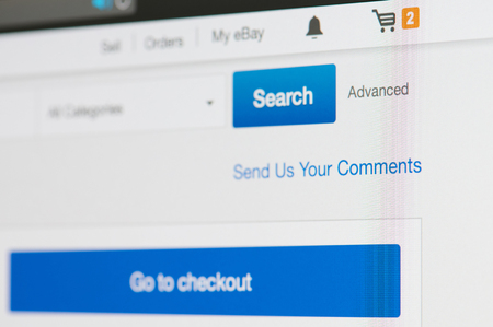 New york, USA - march 15, 2019: Ebay checkout menu with items on laptop screen close up viewのeditorial素材