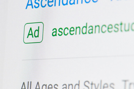 New york, USA - april 8, 2019: Google ad in web browser on digital screen macro close up viewのeditorial素材