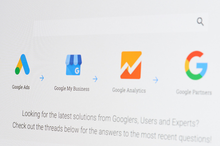 New york, USA - april 8, 2019: Google ads tools application on digital screen macro close up viewのeditorial素材