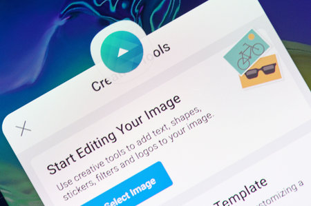 New york, USA - april 8, 2019: Creating facebook ads on digital screen macro close up view