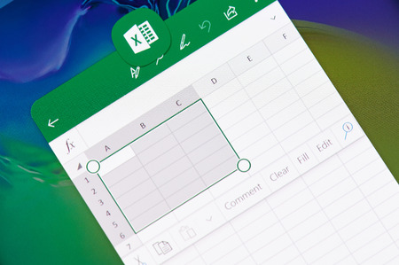 New york, USA - april 8, 2019: Creating document in microsoft office excel application on digital screen macro close up viewのeditorial素材