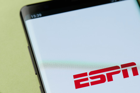 New york, USA - april 22, 2019:ESPN sport channel interface on smartphone screenのeditorial素材