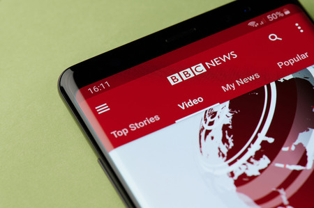 New york, USA - april 22, 2019: BBC news mobile app interface on smartphone screenのeditorial素材
