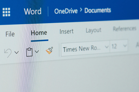 New york, USA - april 22, 2019: Head of microsoft word on laptop screen close upのeditorial素材