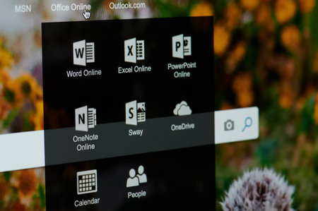 New york, USA - april 22, 2019: Microsoft office online on laptop screen close up