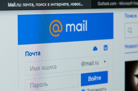 New york, USA - april 22, 2019: Mailru eamil  home page on laptop screen close upのeditorial素材