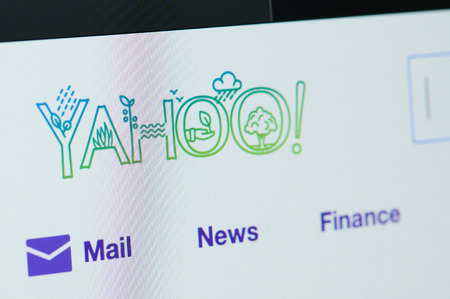 New york, USA - april 22, 2019: Yahoo services home page on laptop screen close upのeditorial素材