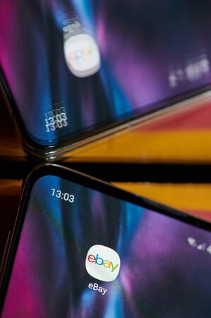 New york, USA - august 24, 2019: Installed ebay application on modern smartphone screen close up viewのeditorial素材