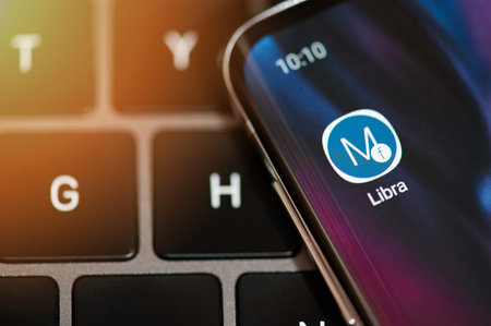New york, USA - september 12, 2019: Facebook libra app icon in smartphone screen close up view