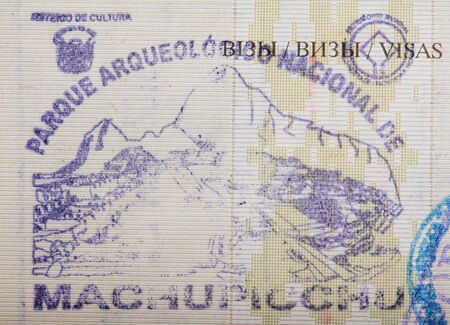 Stamp of machu picchu in passport page close up viewの写真素材