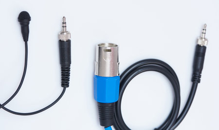 Sound and music recording theme. Connectors and audio cables isolated on white background