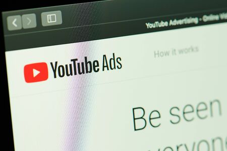 New york, USA - december 17, 2019: Youtube ads service  on laptop screen close up viewのeditorial素材