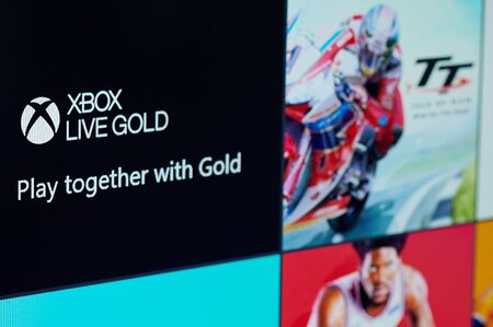 New-York , USA - February  11, 2020: xbox live gold subscription  for gaming on tv screen close upのeditorial素材