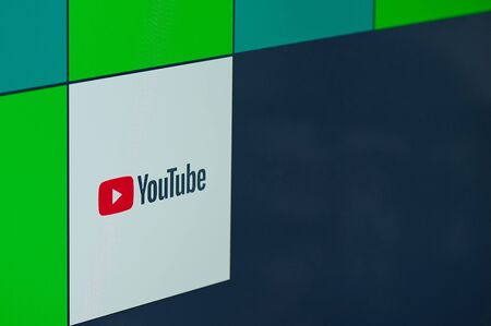 New-York , USA - February  11, 2020: Youtube  app for xbox on tv screen close upのeditorial素材