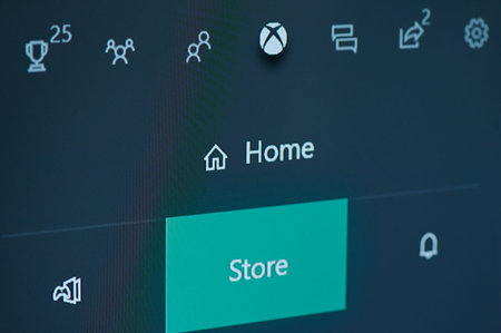 New-York , USA - February  11, 2020: Microsoft store for xbox on tv screen close up