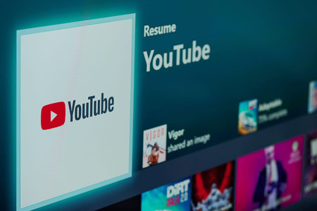 New-York , USA - February  11, 2020: Youtube app for xbox on tv screen close up