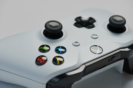 New-York , USA - February  11, 2020: Buttons on xbox  white controller macro close up view
