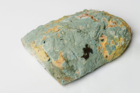 Mould green spores on bread isolated on grey backgroundの写真素材