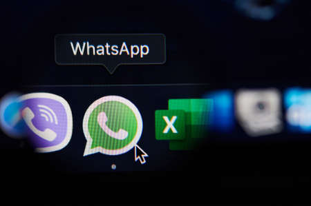 New-York , USA - March 13, 2020: Starting whatsapp messenger program on laptop close up viewのeditorial素材