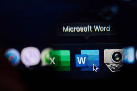 New-York , USA - March 13, 2020: Starting microsoft office word program on laptop close up viewのeditorial素材