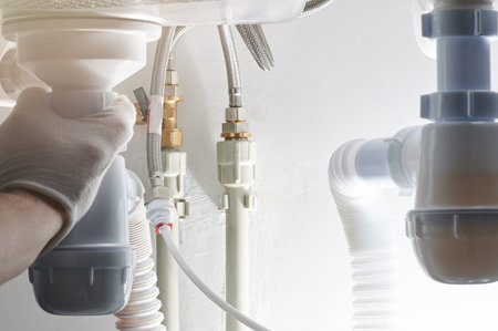 Plumber connecting pipes under sink with hand close up view