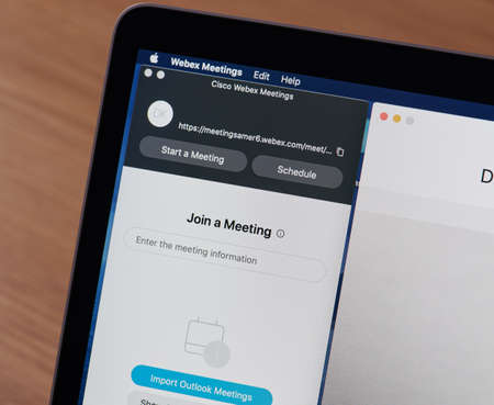 New-York , USA - March 29, 2020: Cisco webex meeting app schedule menu on computer screen close up viewのeditorial素材
