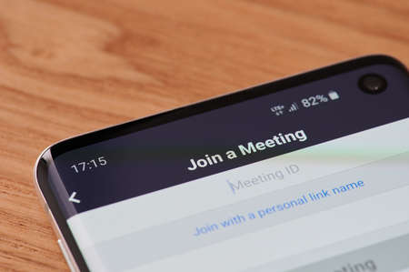 New-York , USA - April 1, 2020: Join meeting in zoom mobile app close up viewのeditorial素材