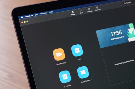 New-York , USA - April 1, 2020: Zoom app main menu on laptop screen close up view