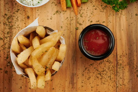 French fries in cup with tomato sauce on wooden background