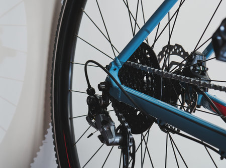 Bicycle rear wheel with gear shift system close up view