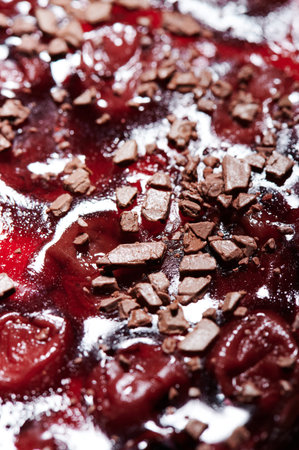 Chocolate on fruit cake dessert macro close up viewの写真素材
