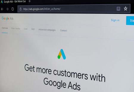 New-York , USA - July 8 , 2020: Creating ad in google service on screen close up view