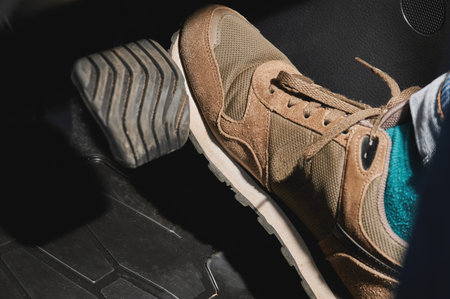 Man driving in sport shoes close up view. Press car pedal theme