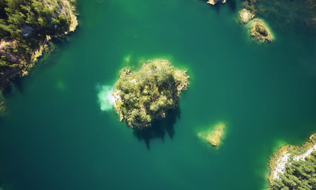 Small island in green lake water aerial above top view